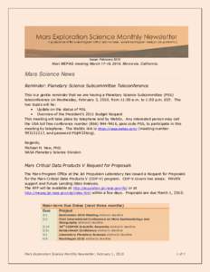 Issue: February[removed]Next MEPAG meeting March 17-18, 2010, Monrovia, California. Mars Science News Reminder: Planetary Science Subcommittee Teleconference