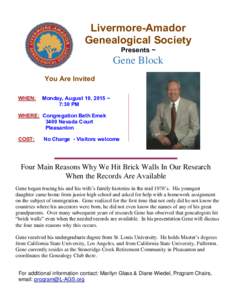 Livermore-Amador Genealogical Society Presents ~ Gene Block \