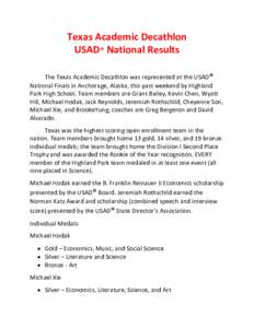 Texas Academic Decathlon USAD® National Results The Texas Academic Decathlon was represented at the USAD® National Finals in Anchorage, Alaska, this past weekend by Highland Park High School. Team members are Grant Bai