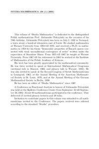 STUDIA MATHEMATICA[removed]This volume of “Studia Mathematica” is dedicated to the distinguished