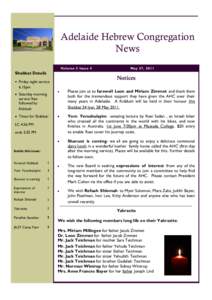 Adelaide Hebrew Congregation News Volume 5 Issue 4 Shabbat Details Friday night service