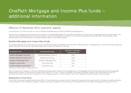 OnePath Mortgage and Income Plus funds – additional information Effective 10 December[removed]quarterly update) In this document, the terms ‘we’ and ‘our’ refer to OnePath Funds Management Limited (OnePath Funds 