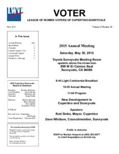 VOTER LEAGUE OF WOMEN VOTERS OF CUPERTINO-SUNNYVALE Volume 42 Number 10 May 2015