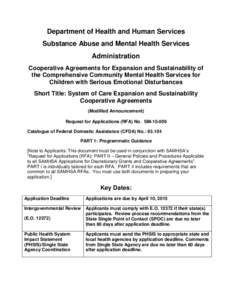 Department of Health and Human Services Substance Abuse and Mental Health Services Administration Cooperative Agreements for Expansion and Sustainability of the Comprehensive Community Mental Health Services for Children