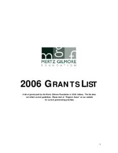 2006 GRANTS LIST A list of grants paid by the Mertz Gilmore Foundation in 2006 follows. The list does not reflect current guidelines. Please look at “Program Areas” on our website for current grantmaking priorities. 