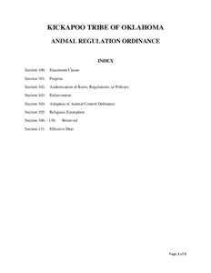 KICKAPOO TRIBE OF OKLAHOMA ANIMAL REGULATION ORDINANCE INDEX SectionEnactment Clause