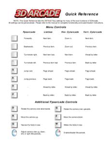 Quick Reference NOTE: This Quick Reference lists the DEFAULT key settings for many of the core functions of 3DArcade. All settings can be personalized. Please refer to the manual for complete functionality and customizat