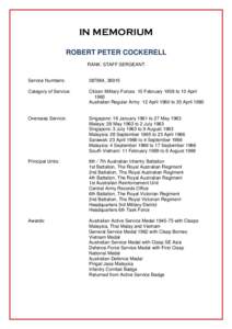 IN MEMORIUM ROBERT PETER COCKERELL RANK: STAFF SERGEANT Service Numbers: