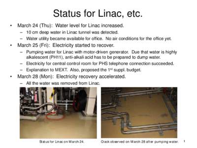 Status for Linac, etc. • March 24 (Thu): Water level for Linac increased. – 10 cm deep water in Linac tunnel was detected. – Water utility became available for office. No air conditions for the office yet.