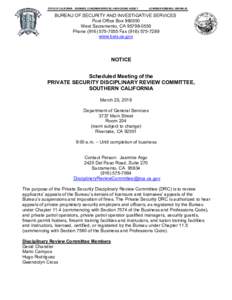 Bureau of Security and Investigative Services - Private Security Disciplinary Review - Meeting Notice for March 20, 2018 Meeting