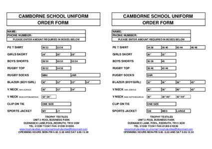CAMBORNE SCHOOL UNIFORM ORDER FORM NAME: