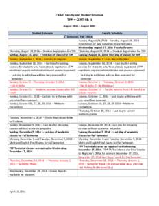 CNA-Q Faculty and Student Schedule  TPP – CERT I & II August 2014 – August 2015 Student Schedule