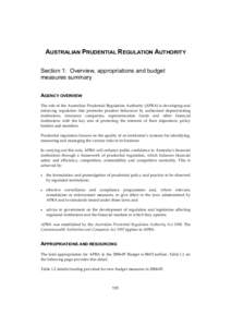 AUSTRALIAN PRUDENTIAL REGULATION AUTHORITY Section 1: Overview, appropriations and budget measures summary AGENCY OVERVIEW The role of the Australian Prudential Regulation Authority (APRA) is developing and enforcing reg
