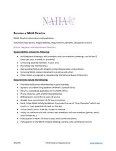 Become a NAHA Director NAHA Director Information and Application Volunteer Descriptions, Responsibilities, Requirements, Benefits, Disciplinary actions District, Regional, and International Directors: Responsibilities in