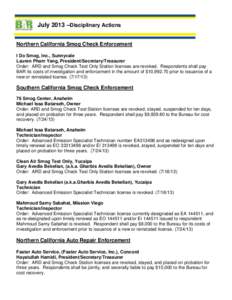 July 2013 –Disciplinary Actions Northern California Smog Check Enforcement I Do Smog, Inc., Sunnyvale Lauren Pham Yang, President/Secretary/Treasurer Order: ARD and Smog Check Test Only Station licenses are revoked. Re