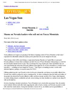 Shame on Nevada leaders who sell out on Yucca Mountain - Wednesday, July 6, 2016 | 2 a.m. - Las Vegas Sun Mobile Switch to desktop view