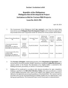 Section I. Invitation to Bid  Republic of the Philippines Philippine Rural Development Project Invitation to Bid for Various PRD Projects: Loan NoPH