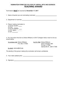 NOMINATION FORM FOR COLLEGE OF LIBERAL ARTS AND SCIENCES