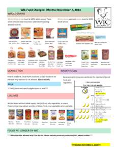 WIC Food Changes: Effective November 7, 2014 WHOLE GRAINS Whole Wheat bread must be 100% whole wheat. These whole wheat breads have been added to the existing allowed food list.