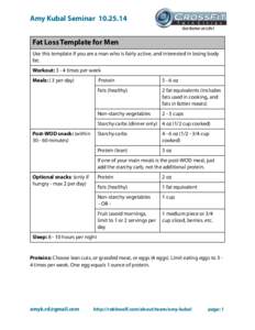 Amy Kubal SeminarFat Loss Template for Men Use this template if you are a man who is fairly active, and interested in losing body fat. Workout: 3 - 4 times per week Meals: ( 3 per day)