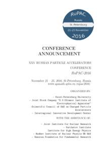 CONFERENCE ANNOUNCEMENT XXV RUSSIAN PARTICLE ACCELERATORS CONFERENCE  RuPAC-2016