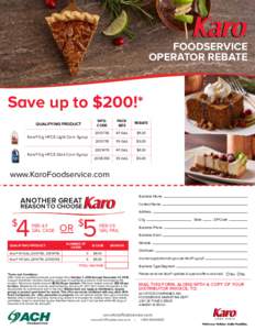 FOODSERVICE OPERATOR REBATE Save up to $200!* QUALIFYING PRODUCT Karo® 0g HFCS Light Corn Syrup