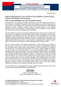 Press release The Hamburg Commissioner for Data Protection and Freedom of Information March 2nd, 2018  Higher Administrative Court confirms the prohibition of data sharing