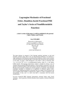 Lagrangian Mechanics of Fractional Order, Hamilton-Jacobi Fractional PDE and Taylor’s Series of Nondifferentiable Functions A short version of this paper is (will be) published in the journal Chaos, Solitons and Fracta