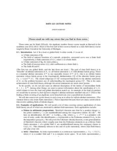 MATH 223 LECTURE NOTES JOSEPH RABINOFF Please email me with any errors that you find in these notes. These notes are for Math 223(a,b), the algebraic number theory course taught at Harvard in the academic year 2012–201