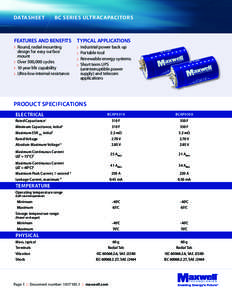 DATASHEET  	 BC SERIES ULTRACAPACITORS FEATURES AND BENEFITS