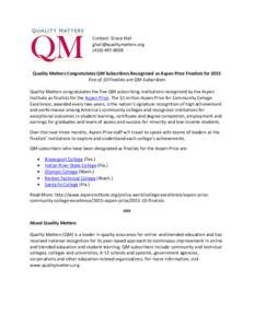 Contact: Grace Hall [removed[removed]Quality Matters Congratulates QM Subscribers Recognized as Aspen Prize Finalists for 2015 Five of 10 Finalists are QM Subscribers