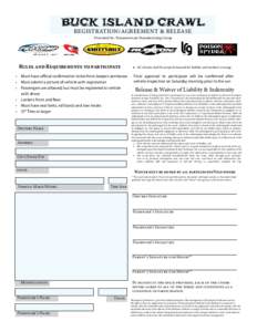 BUCK ISLAND CRAWL REGISTRATION/AGREEMENT & RELEASE Presented by: Transamerican Manufacturing Group Rules and Requirements to participate •	 Must have official confirmation ticket from Jeepers Jamboree