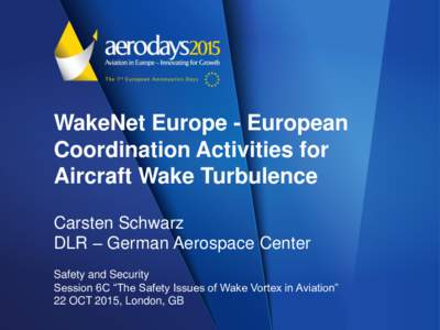 WakeNet Europe - European Coordination Activities for Aircraft Wake Turbulence Carsten Schwarz DLR – German Aerospace Center Safety and Security