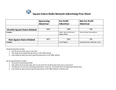 Square Dance Radio Network Advertising Price Sheet Sponsoring Advertiser Directly Square Dance Related  $150
