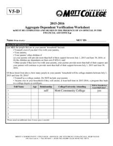V5-DAggregate Dependent Verification Worksheet MUST BE COMPLETED AND SIGNED IN THE PRESENCE OF AN OFFICIAL IN THE FINANCIAL AID OFFICE