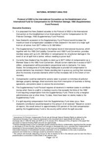 NATIONAL INTEREST ANALYSIS  Protocol of 2003 to the International Convention on the Establishment of an International Fund for Compensation for Oil Pollution Damage, 1992 (Supplementary Fund Protocol) Executive Summary