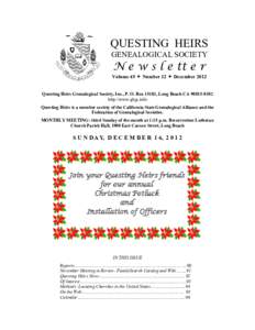QUESTING HEIRS GENEALOGICAL SOCIETY N e w s l e tt e r  Volume 45  Number 12  December 2012