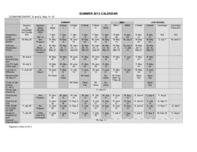 SUMMER 2013 CALENDAR COMMENCEMENT, S and U, MaySUMMER Registration Starts