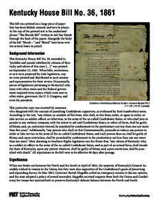Kentucky House Bill No. 36, 1861 This bill was printed on a large piece of paper that has been folded, creased, and torn in places. At the top of the printed text is the underlined phrase “The Bloody Bill” written in