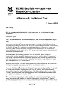 DCMS English Heritage New Model Consultation A Response by the National Trust 7 January, 2014 The Charity