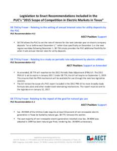 Legislation	
  to	
  Enact	
  Recommendations	
  Included	
  in	
  the	
  	
   PUC’s	
  “2015	
  Scope	
  of	
  Competition	
  in	
  Electric	
  Markets	
  in	
  Texas”	
   	
   SB	
  734	
  by