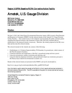 Region 3 GPRA Baseline RCRA Corrective Action Facility  for Ametek, U.S. Gauge Division  PAD002342236