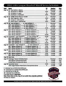 2011 Little League Baseball World Series Schedule Date	 Game	 TV Stadium	 Time Aug. 18	 G1 - Asia-Pacific vs. Mexico ....................................................................... E[removed]Volunteer.........