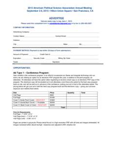 2015 American Political Science Association Annual Meeting September 3-6, 2015 • Hilton Union Square • San Francisco, CA ADVERTISE Camera ready copy is due June 1, 2015. Please send this completed form to avandebunte
