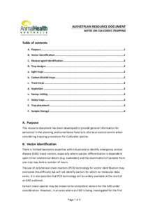 AUSVETPLAN RESOURCE DOCUMENT NOTES ON CULICOIDES TRAPPING Table of contents A. Purpose ....................................................................................................................1 B. Vector ident