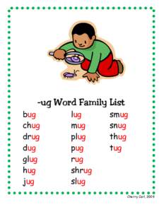 -ug Word Family List bug chug drug dug glug