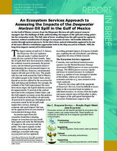 An Ecosystem Services Approach to Assessing the Impacts of the Deepwater Horizon Oil Spill in the Gulf of Mexico As the Gulf of Mexico recovers from the Deepwater Horizon oil spill, natural resource managers face the cha