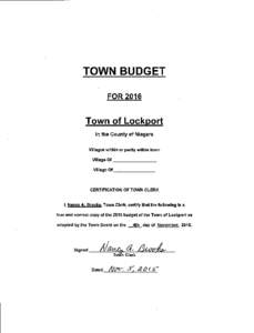 TOWN BUDGET FOR 2016 Town of Lockport In the County of Niagara Villages within or partly within town