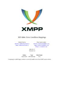 XEP-0086: Error Condition Mappings Robert Norris mailto: xmpp:  Peter Saint-Andre