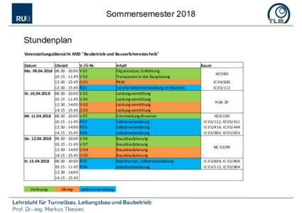 Sommersemester 2018 Stundenplan Veranstaltungsübersicht M20 